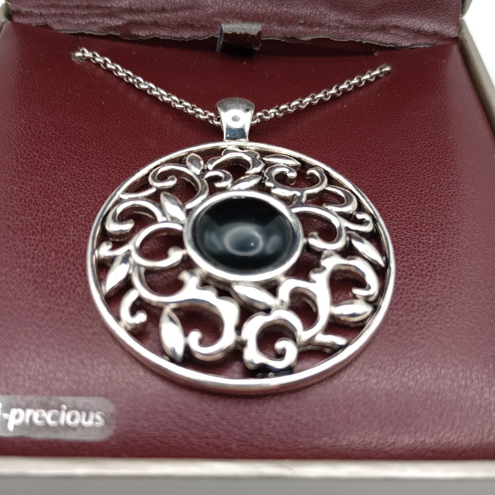 Etienne Aigner Silver-Tone Filigree Round Semi-Precious Pendant Necklace w/ Box‎ - Picture 3 of 14